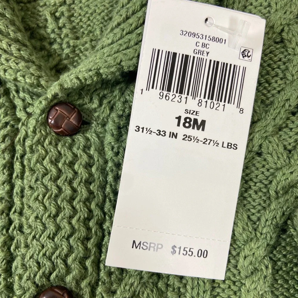 Ralph Lauren Baby Boy 18M Green Aran Cable Knit‎ Shawl Collar Cardigan Sweater